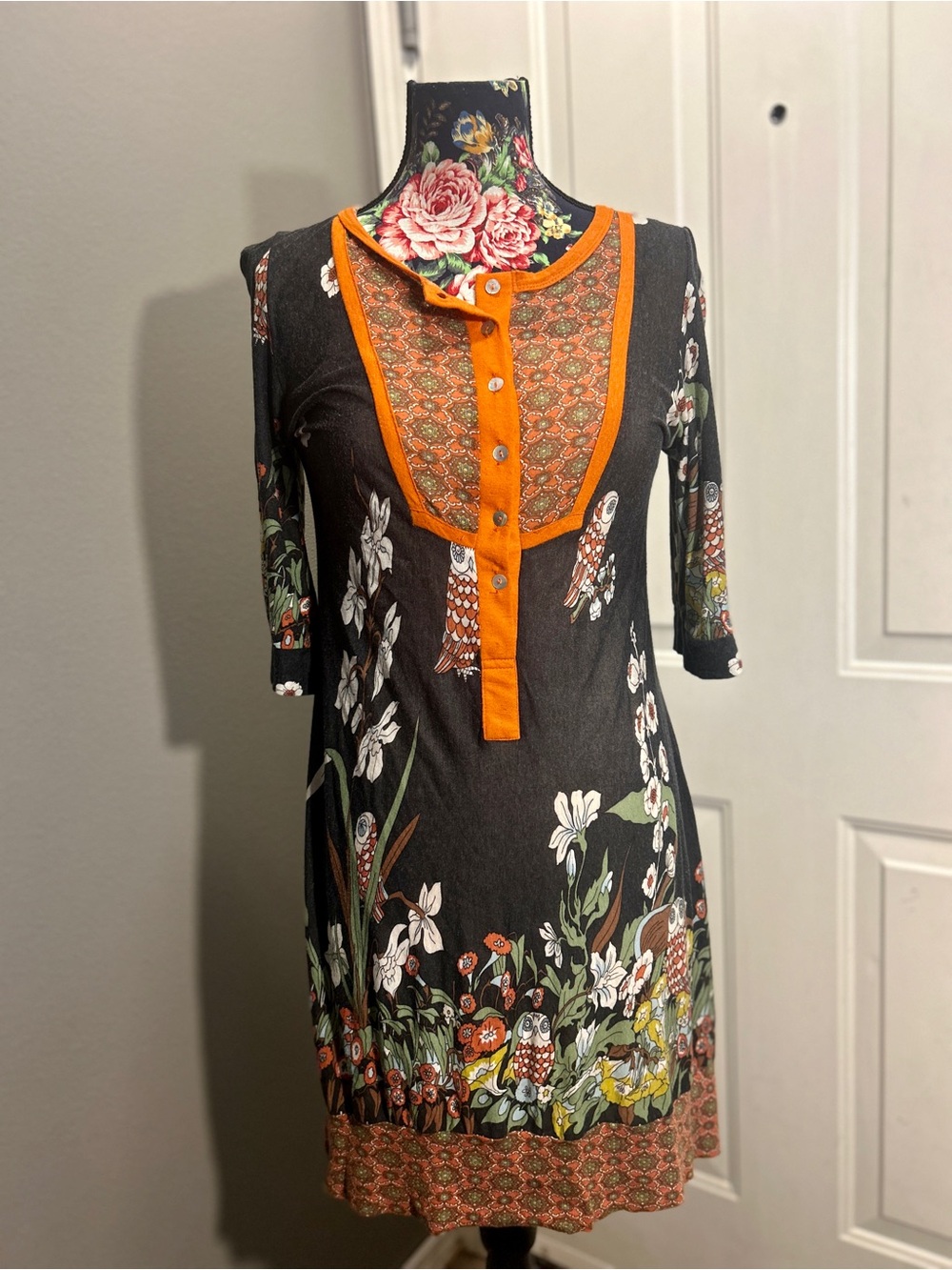 Rapsodia Boho Tunic Dress Womens Medium M Mixed Print Owl Floral 3/4 Sleeve GUC